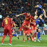 Il grande anticipo di Moreo sul primo palo per il gol del 1-2 Gol di Moreo